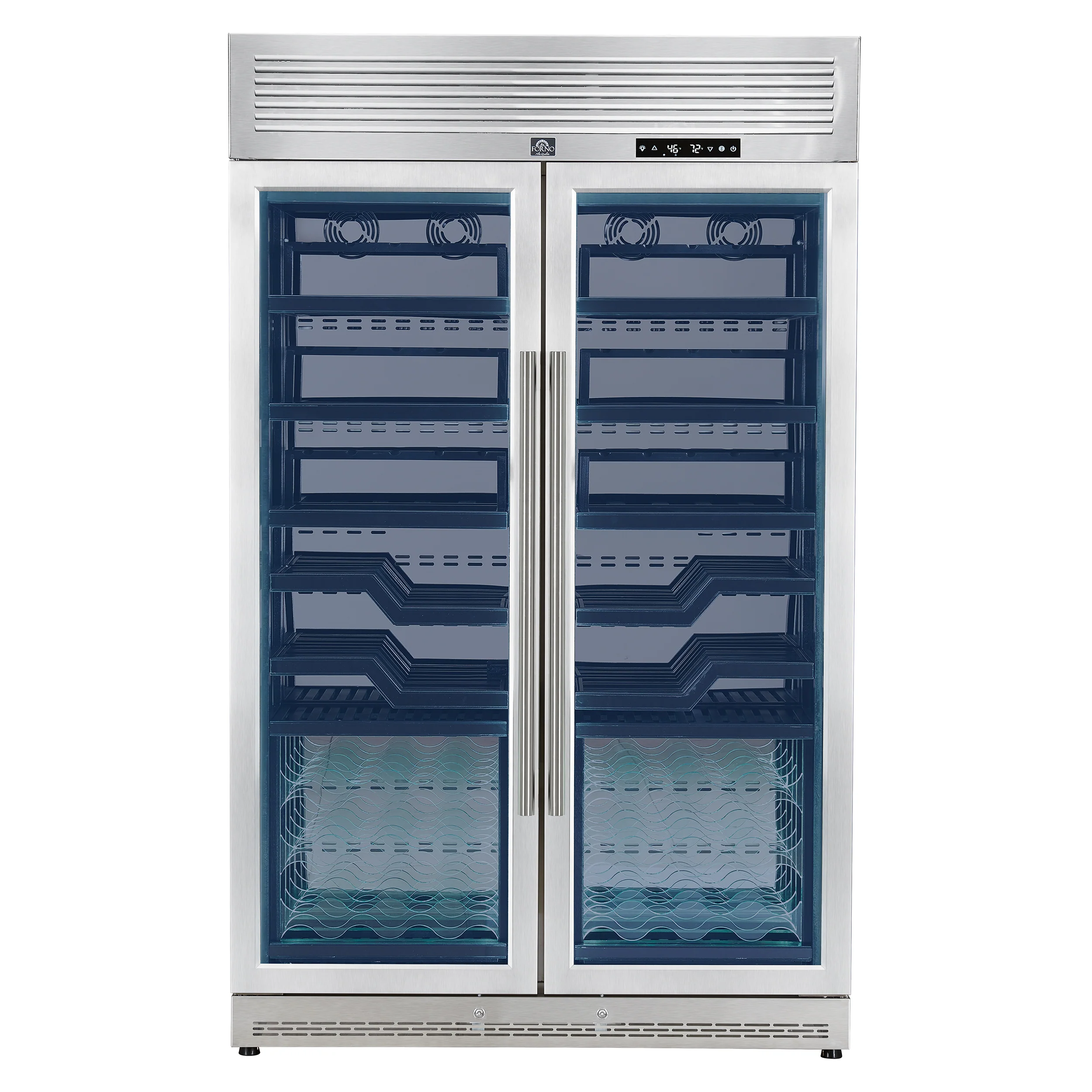 FORNO Abruzzo 48-Inch Dual Zones Wine Cellar, 102 Bottles, 24 cu. ft., Green Acrylic Holders & Black Shelves
