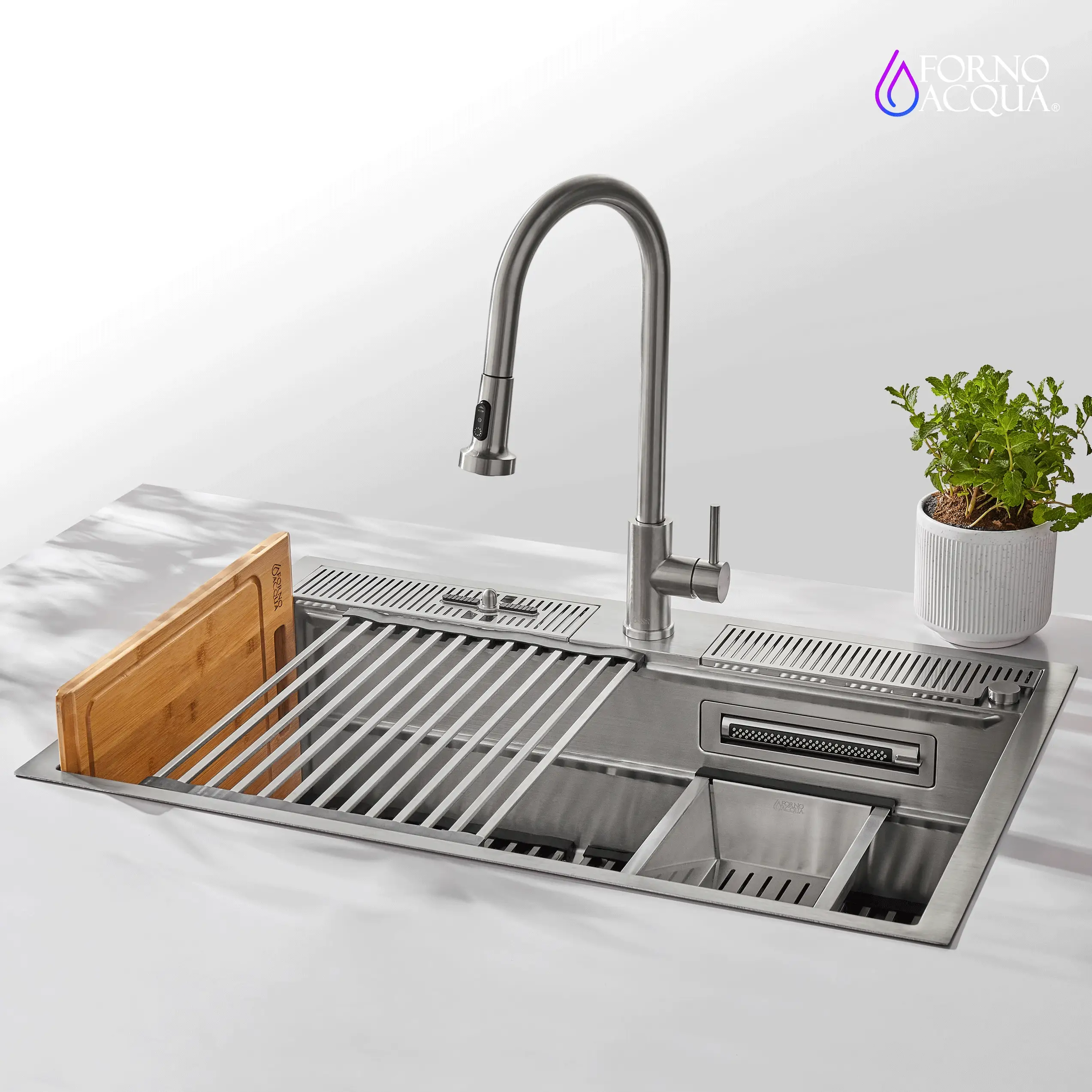 FORNO ACQUA 33 in. Drop-In/Undermount 3-Level Workstation Sink with Faucet, Waterfall & Glass Rinser - Image 2
