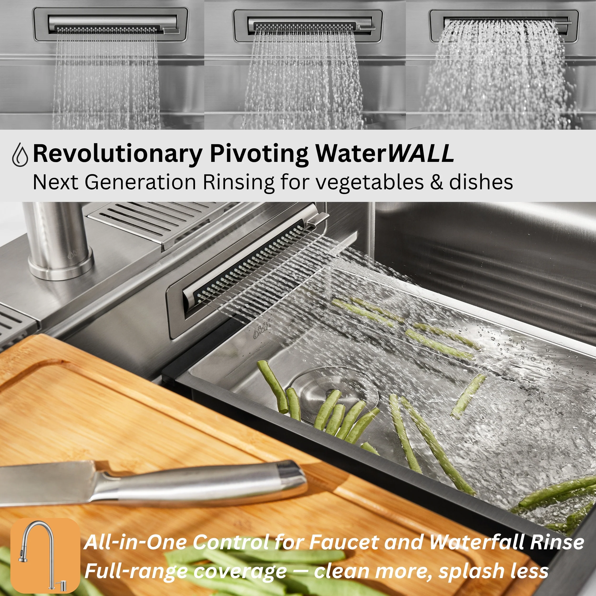 FORNO ACQUA 33 in. Drop-In/Undermount 3 Level Workstation Sink with Faucet, Waterfall & Glass Rinser - Image 7