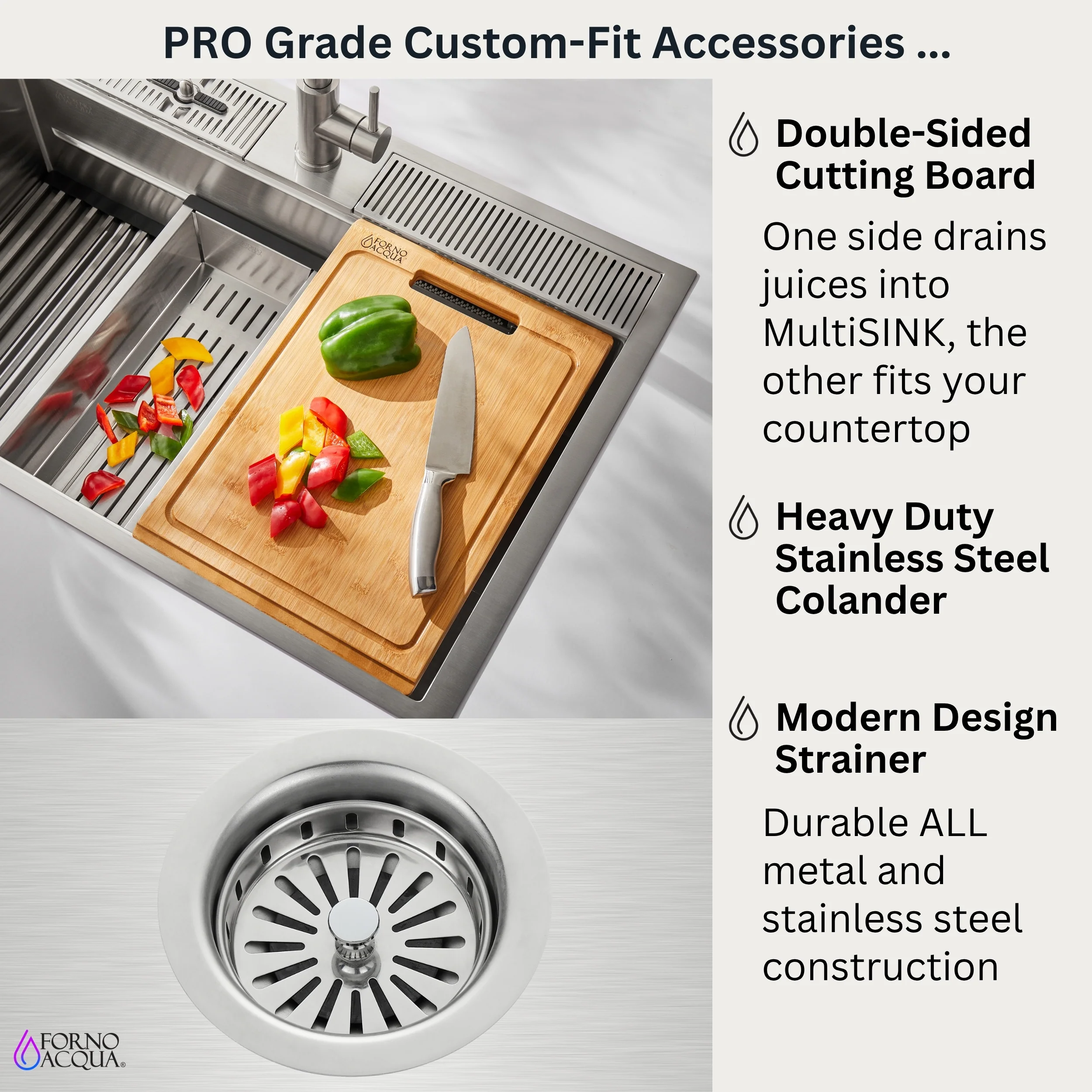 FORNO ACQUA 33 in. Drop-In/Undermount 3-Level Workstation with Retractable Faucet & Glass Rinser - Image 7