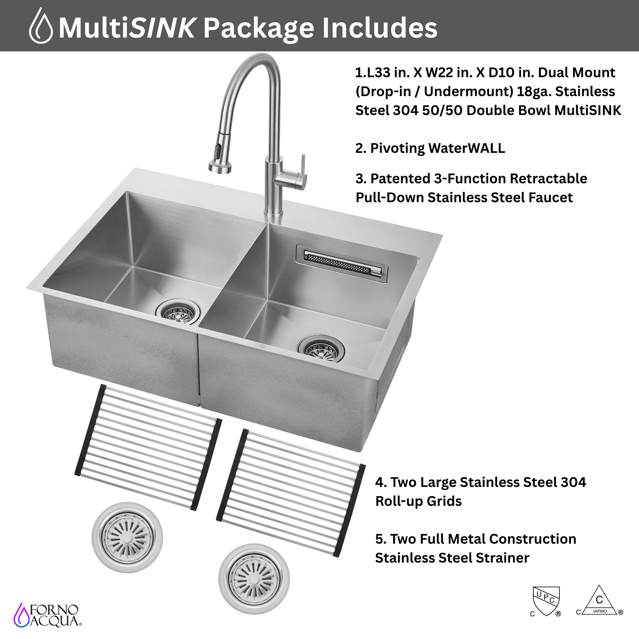 FORNO ACQUA 33 in. Drop-In/Undermount 50/50 Double Bowl Stainless Steel Sink with Faucet & Waterfall - Image 10