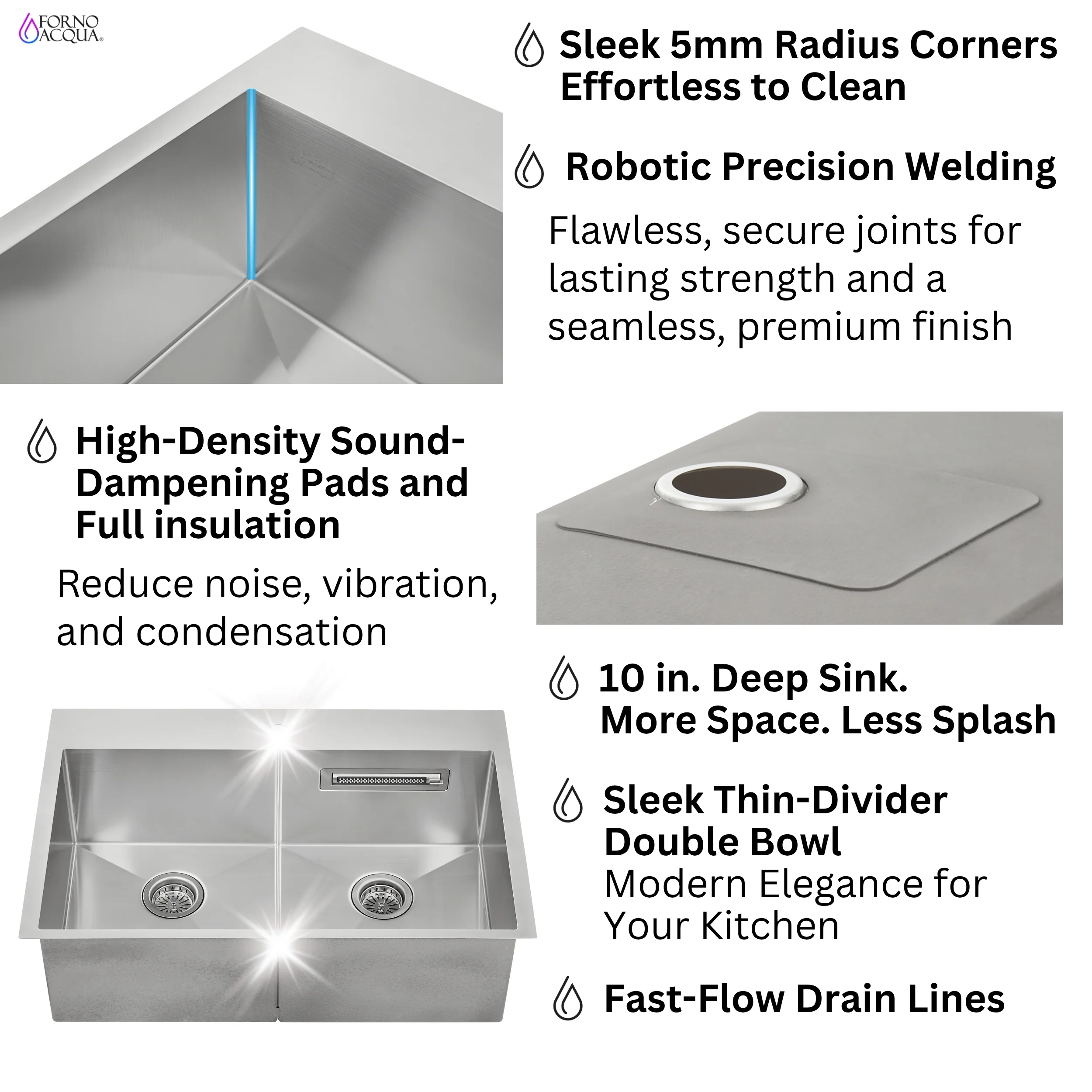 FORNO ACQUA 33 in. Drop-In/Undermount 50/50 Double Bowl Stainless Steel Sink with Faucet & Waterfall - Image 8