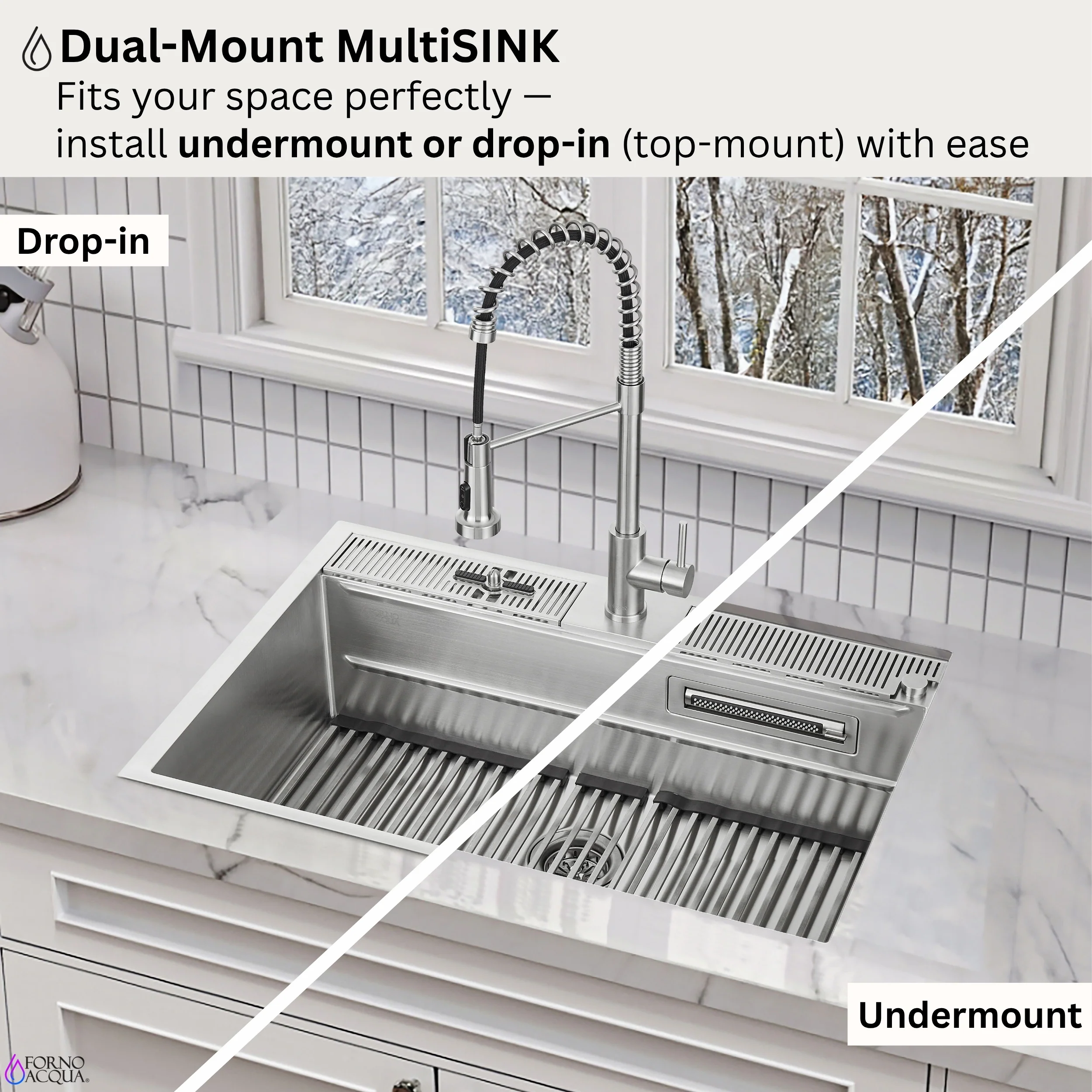 FORNO ACQUA 33 in. Drop-In/Undermount 50/50 Double Bowl Stainless Steel Sink with Faucet & Waterfall - Image 9