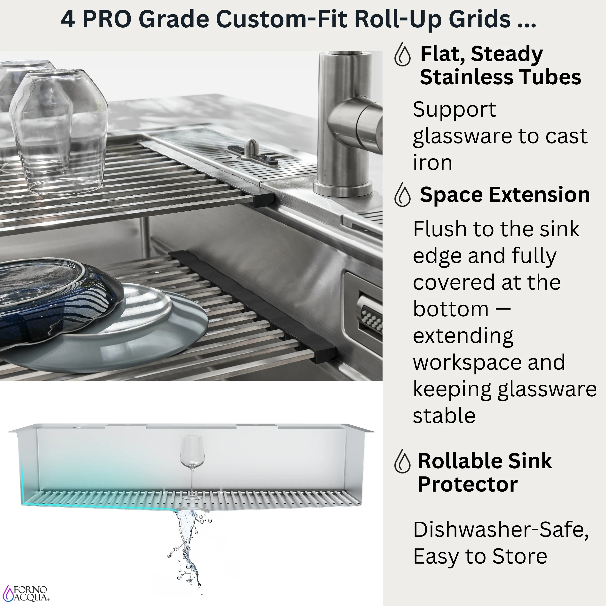 FORNO ACQUA 45 in. Drop-In/Undermount 3-Level Workstation Sink with Two Faucets & Glass Rinser - Image 10