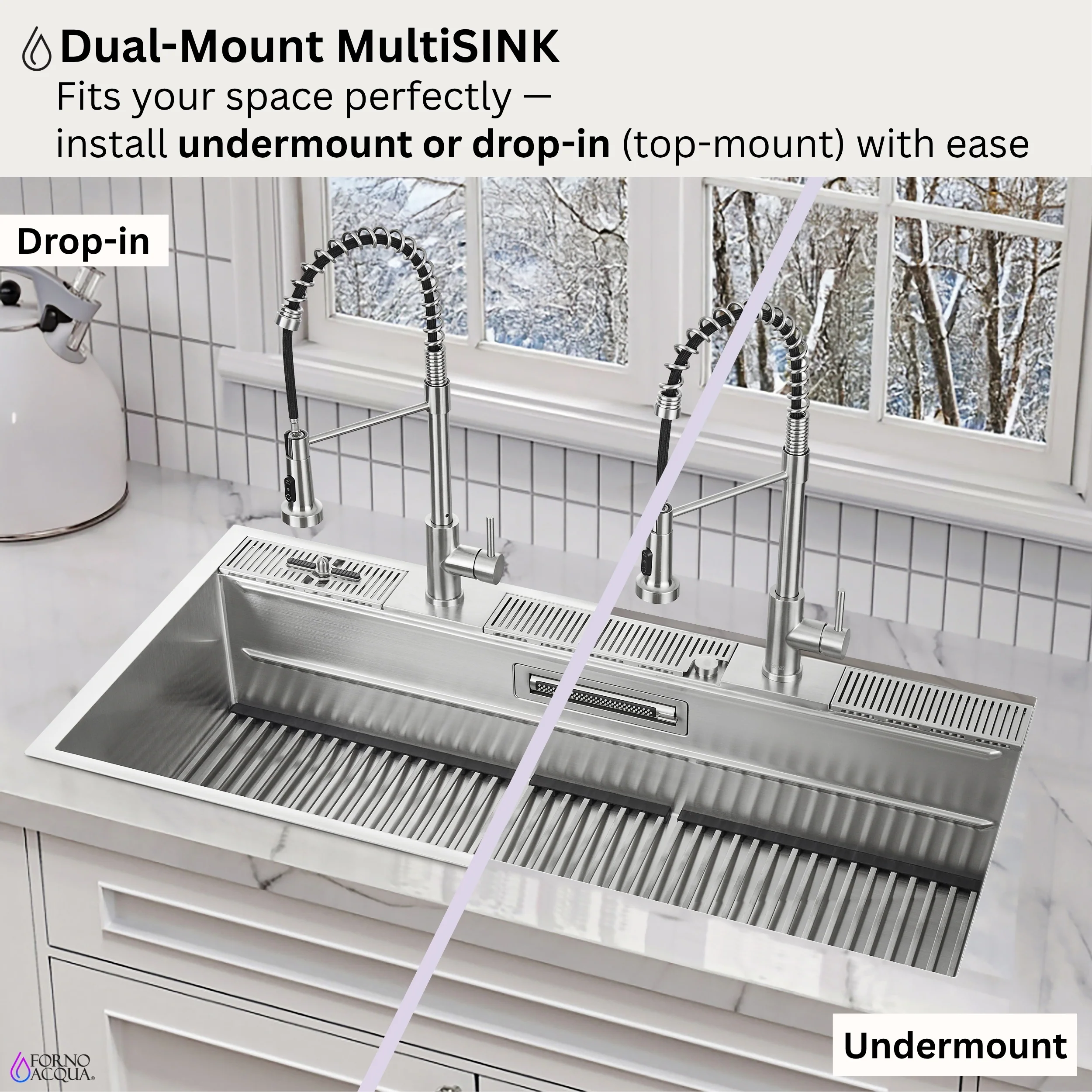 FORNO ACQUA 45 in. Drop-In/Undermount 3-Level Workstation Sink with Two Faucets & Glass Rinser - Image 15