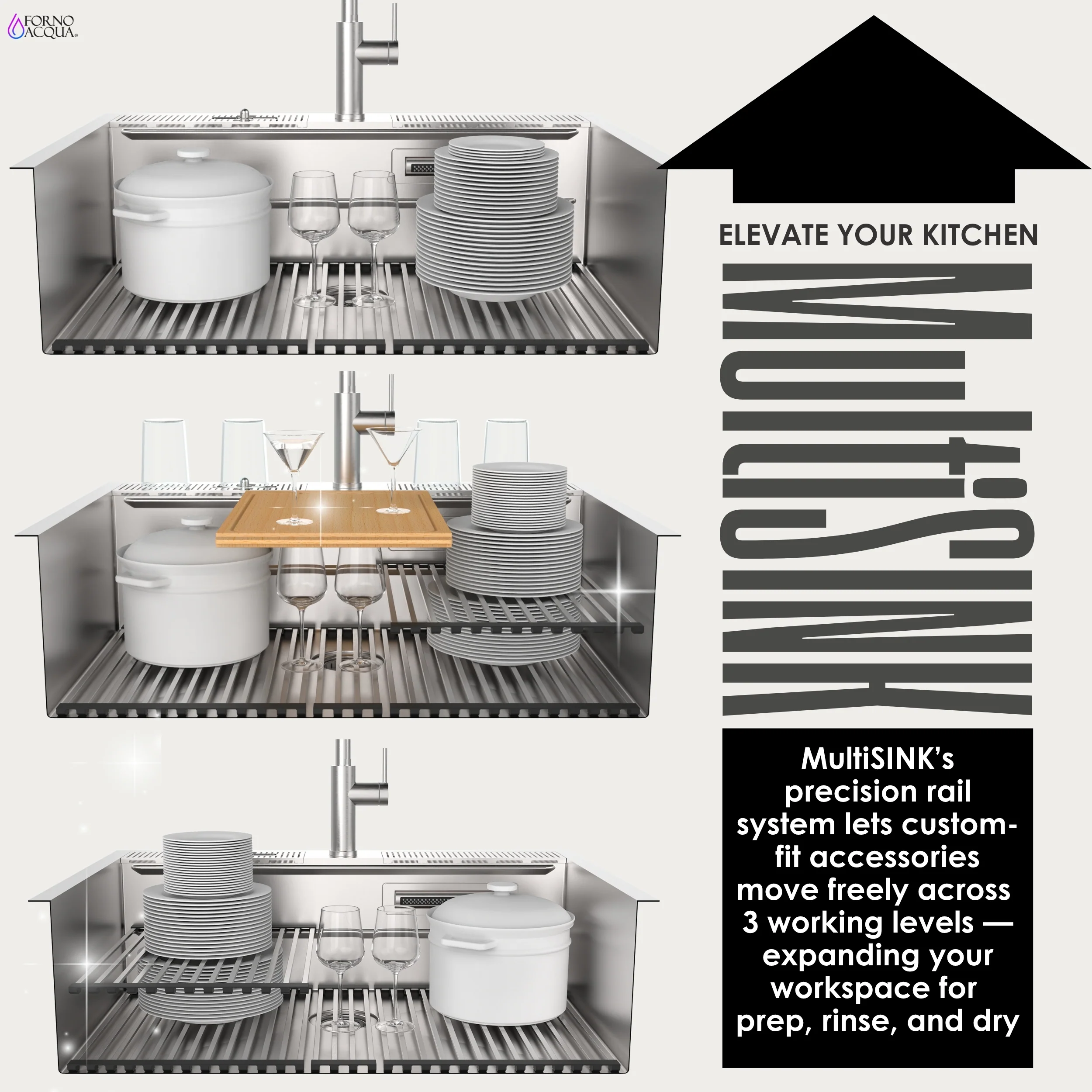 FORNO ACQUA 33 in. Drop-In/Undermount 3-Level Workstation Sink with Faucet, Waterfall & Glass Rinser - Image 4