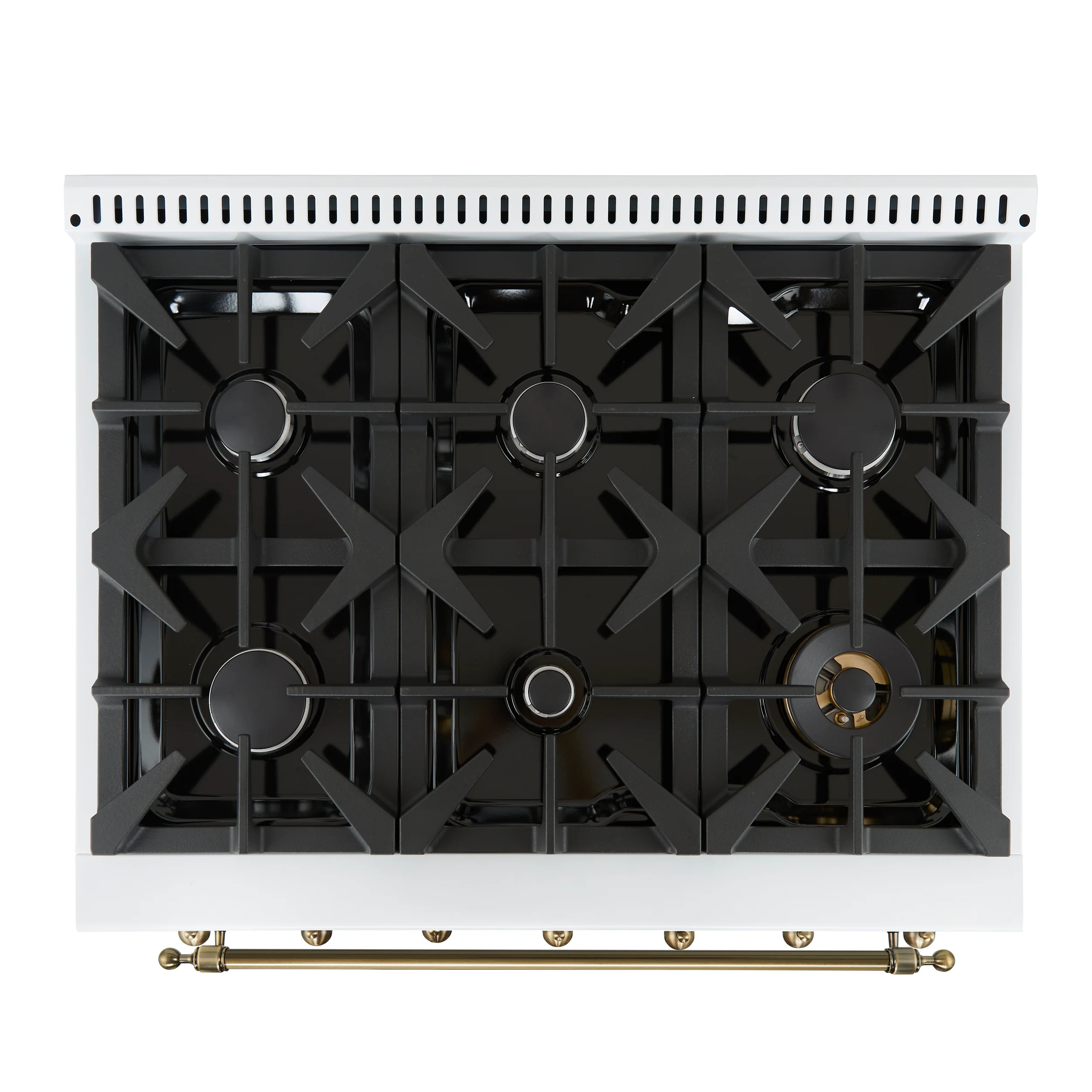 Forno Antico 36-inch Dual Fuel Range White and Antique Brass Design with 6 Sealed Gas Burners and Electric Convection Oven - Image 3