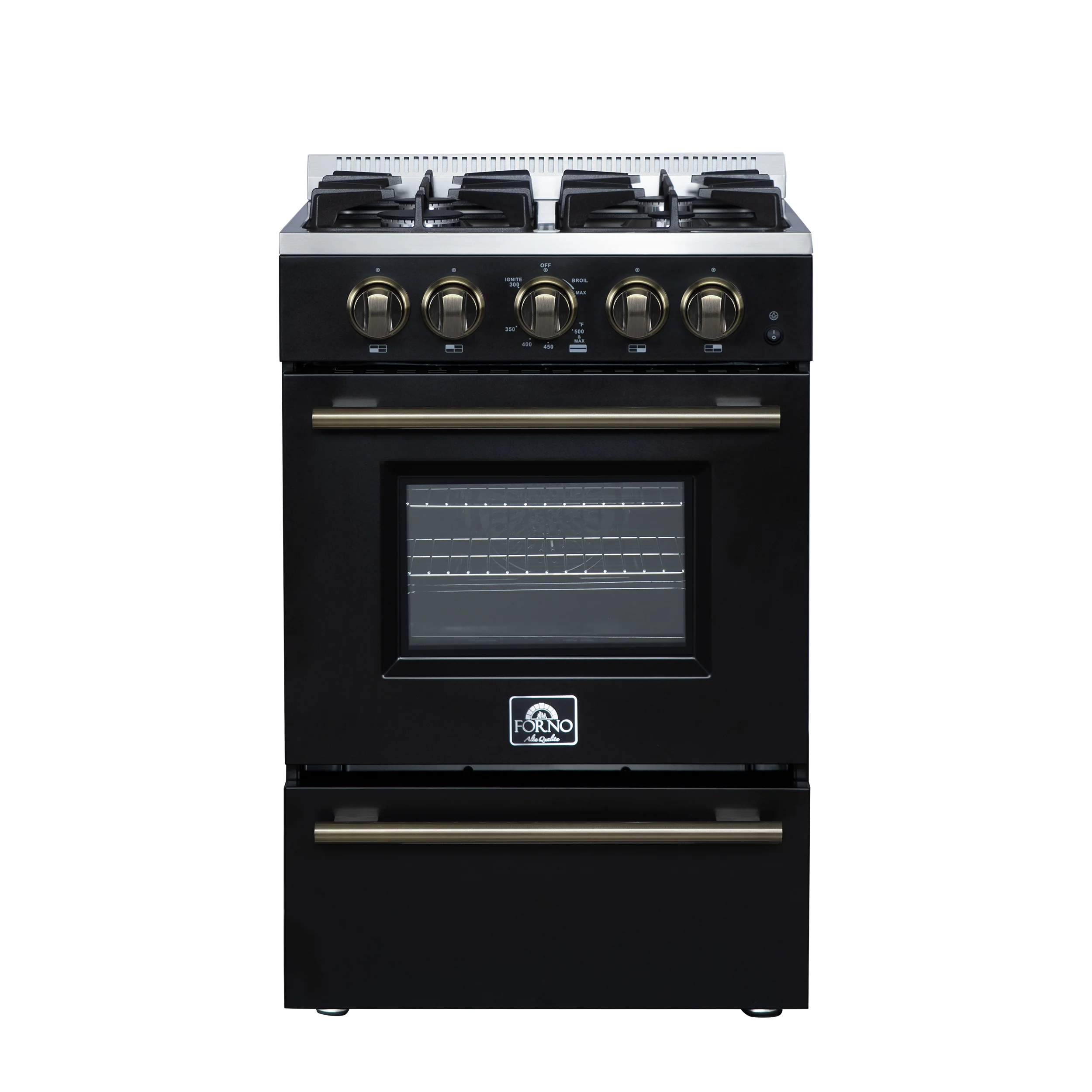 Forno Breno 24 Inch Freestanding Gas Range in Black with Antique Brass, Plug Included, Energy Efficient