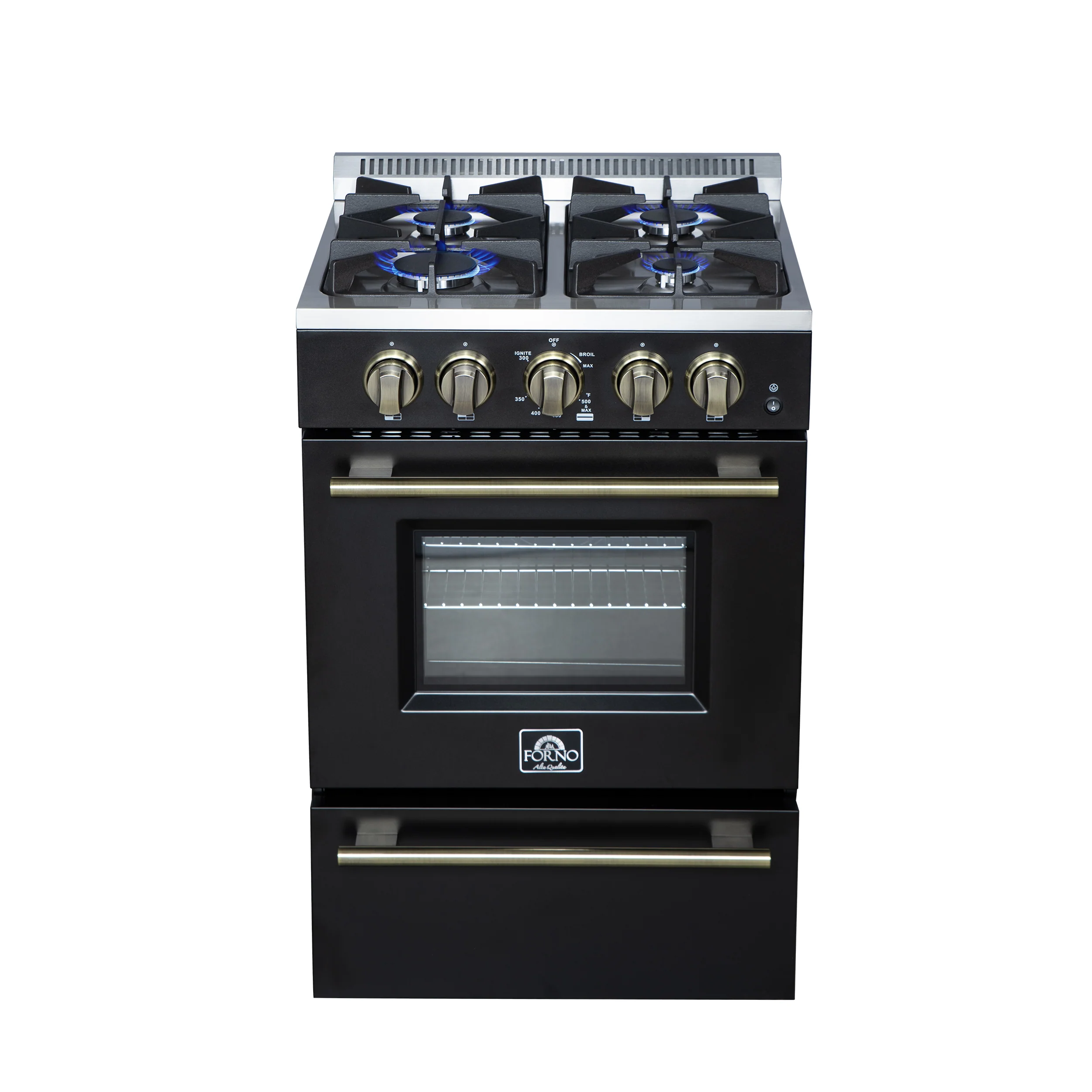 Forno Breno 24 Inch Freestanding Gas Range in Black with Antique Brass, Plug Included, Energy Efficient - Image 3