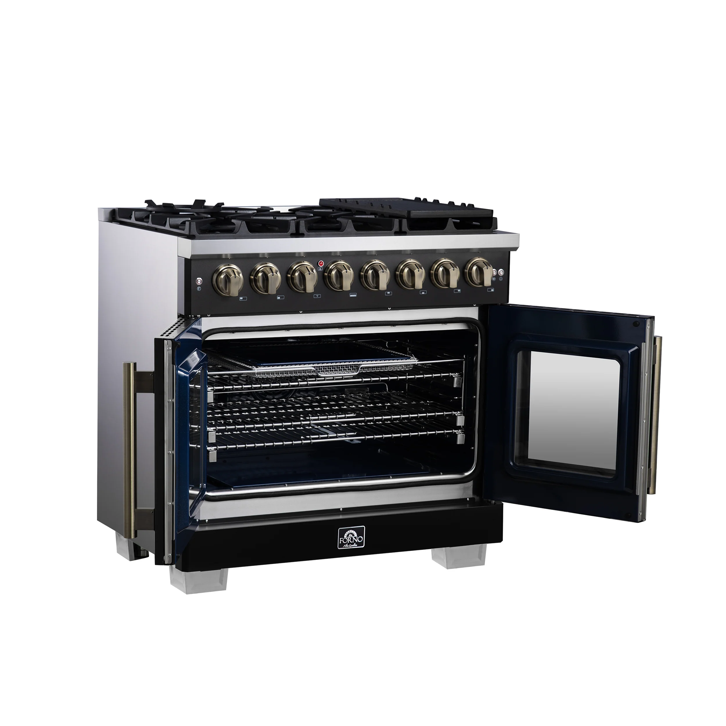 Forno Capriasca 36 Inch Freestanding French Door Dual Fuel Range in Black with Antique Brass Accessories, 6 Burners, True Convection Oven - Image 4