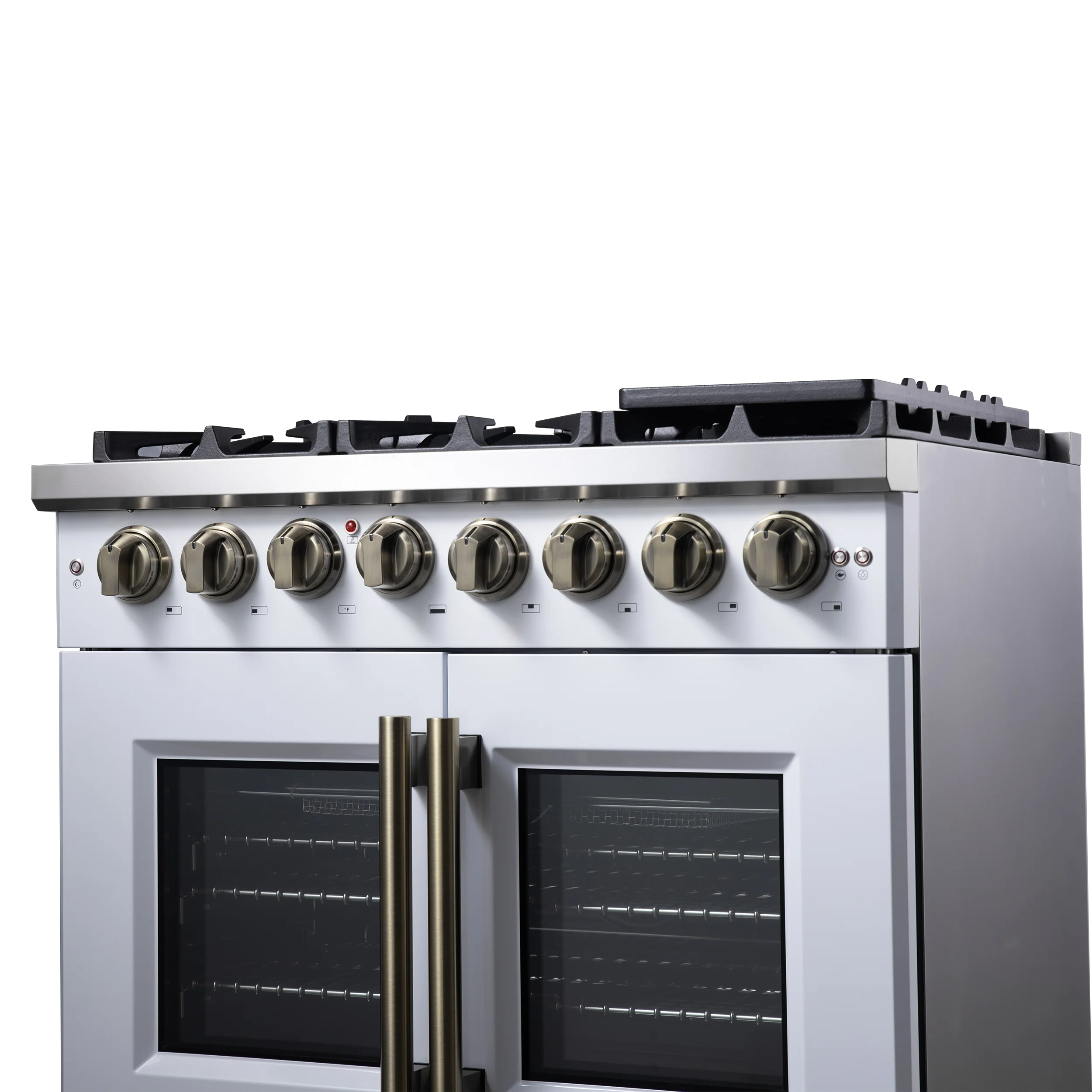 Forno Capriasca 36 Inch Freestanding French Door Dual Fuel Range in White with Antique Brass Accessories, 6 Burners, True Convection Oven - Image 10