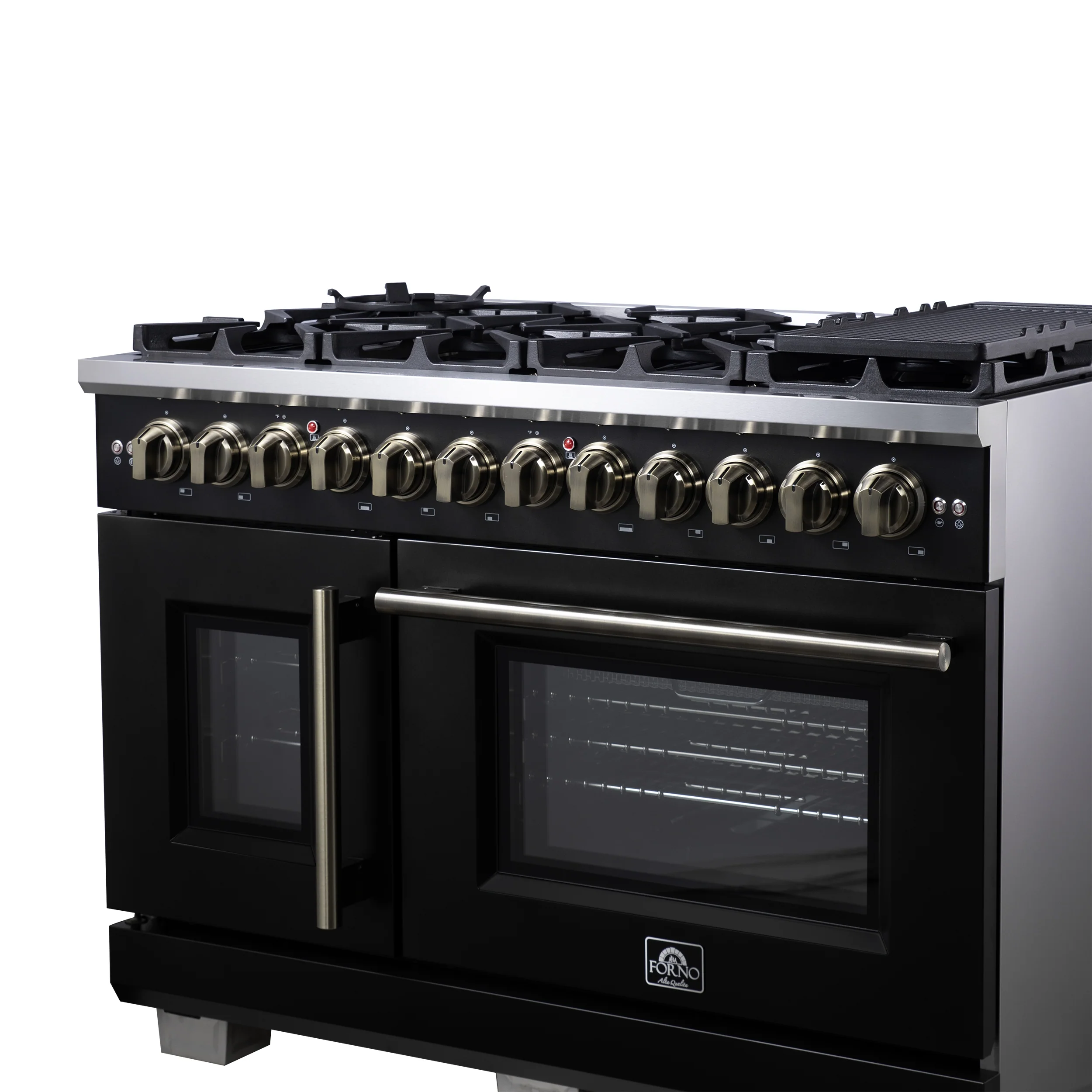 Forno Capriasca 48 Inch Freestanding French Door Dual Fuel Range in Black with Antique Brass Accessories, 8 Burners, True Convection Oven - Image 9