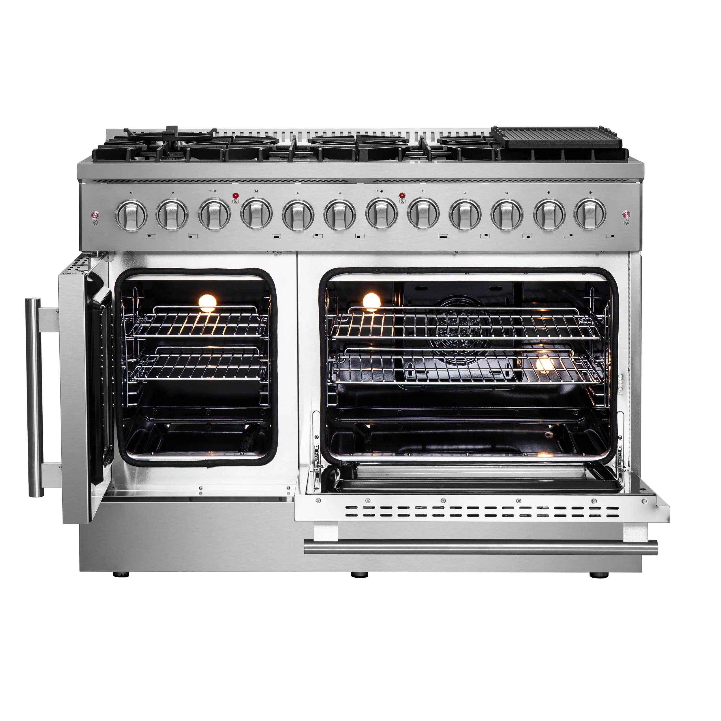 FORNO Galiano 48-Inch French Door Dual Fuel Range All Stainless Steel, 8 Sealed Burners, 107,000 BTU, Griddle, 6.58 cu.ft. Double Ovens - Image 4