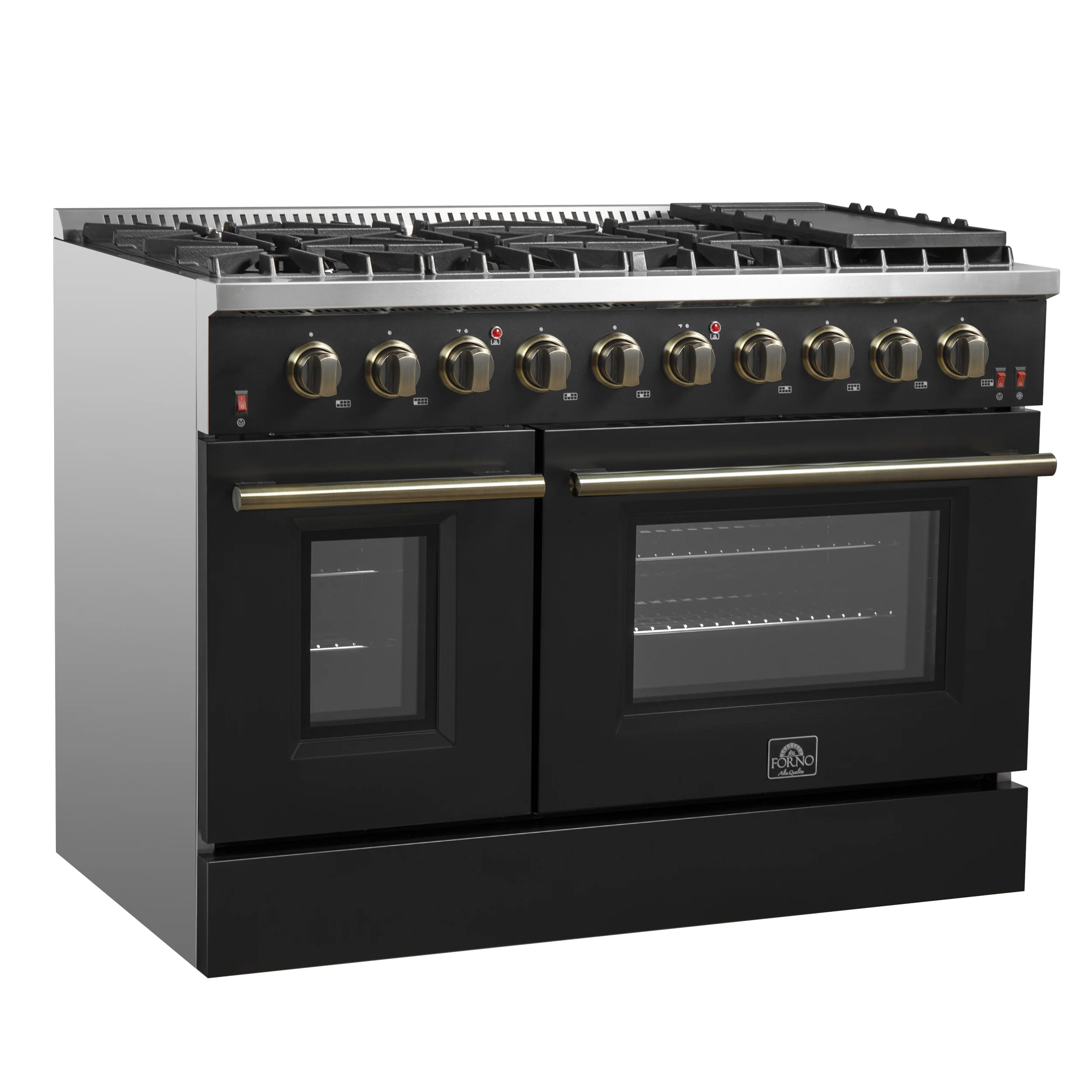 FORNO Galiano 48-inch Gas Range Black & Antique Brass Design, 8 Burners, 107,000 BTU, Griddle, 6.58 cu.ft. Double Ovens - Image 12