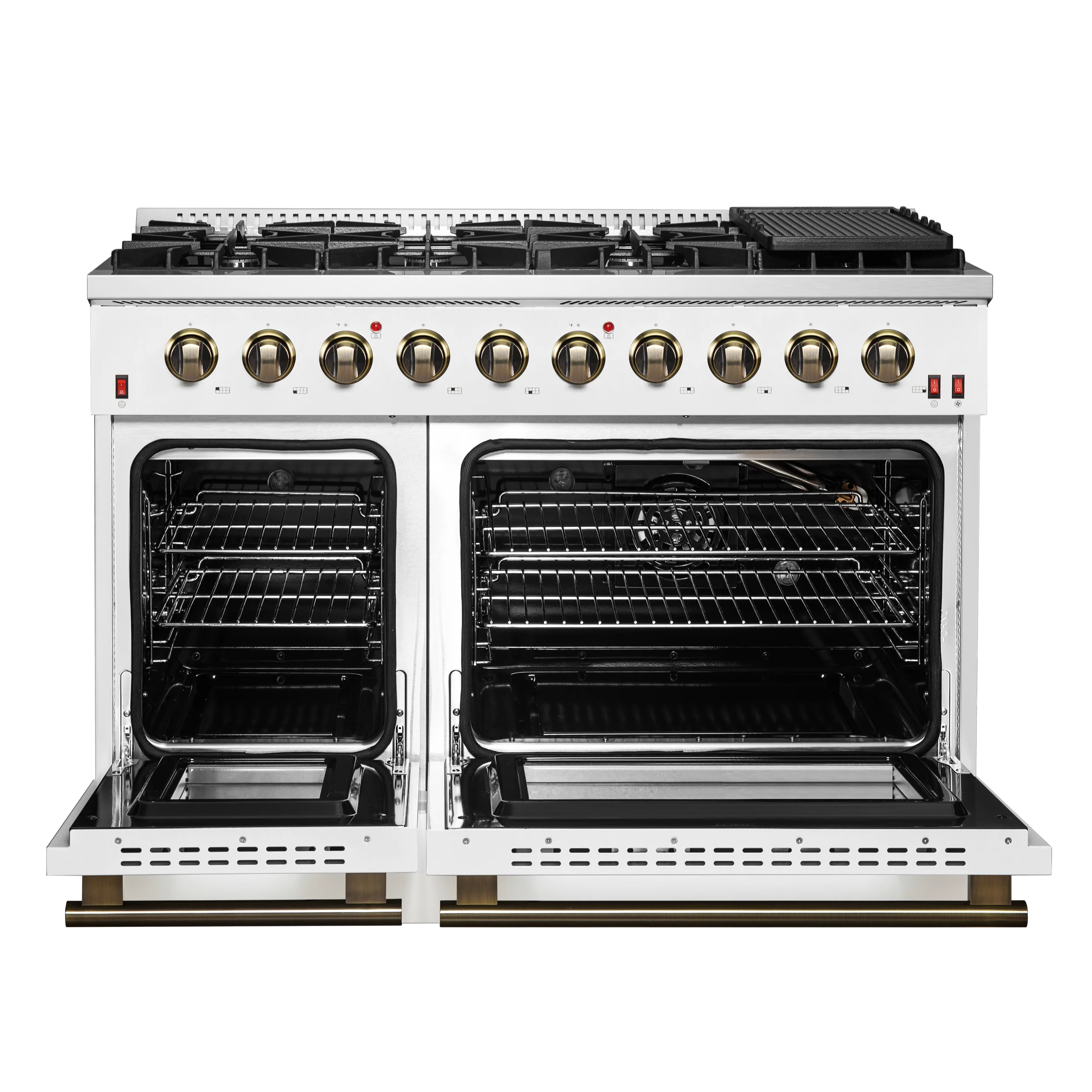 FORNO Galiano 48-inch Gas Range White & Antique Brass Design, 8 Burners, 107,000 BTU, Griddle, 6.58 cu.ft. Double Ovens - Image 2