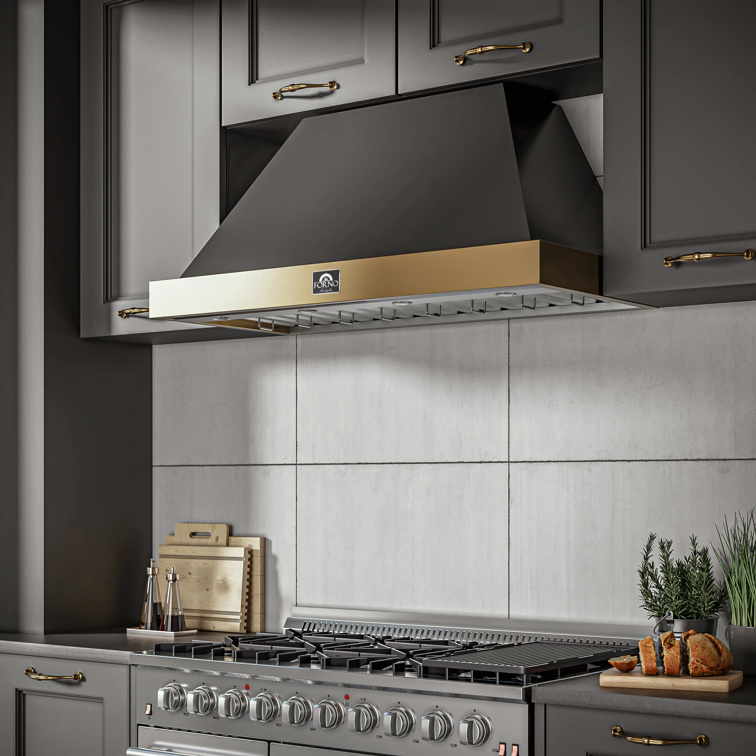 Forno Vittorio 48-Inch Wall Mount Range Hood, Black with Antique Brass Trim, 600 CFM Airflow, Dishwasher-Safe Baffle Filters, Remote Control, 3-Speed Fan, Bright LED Lighting. - Image 12