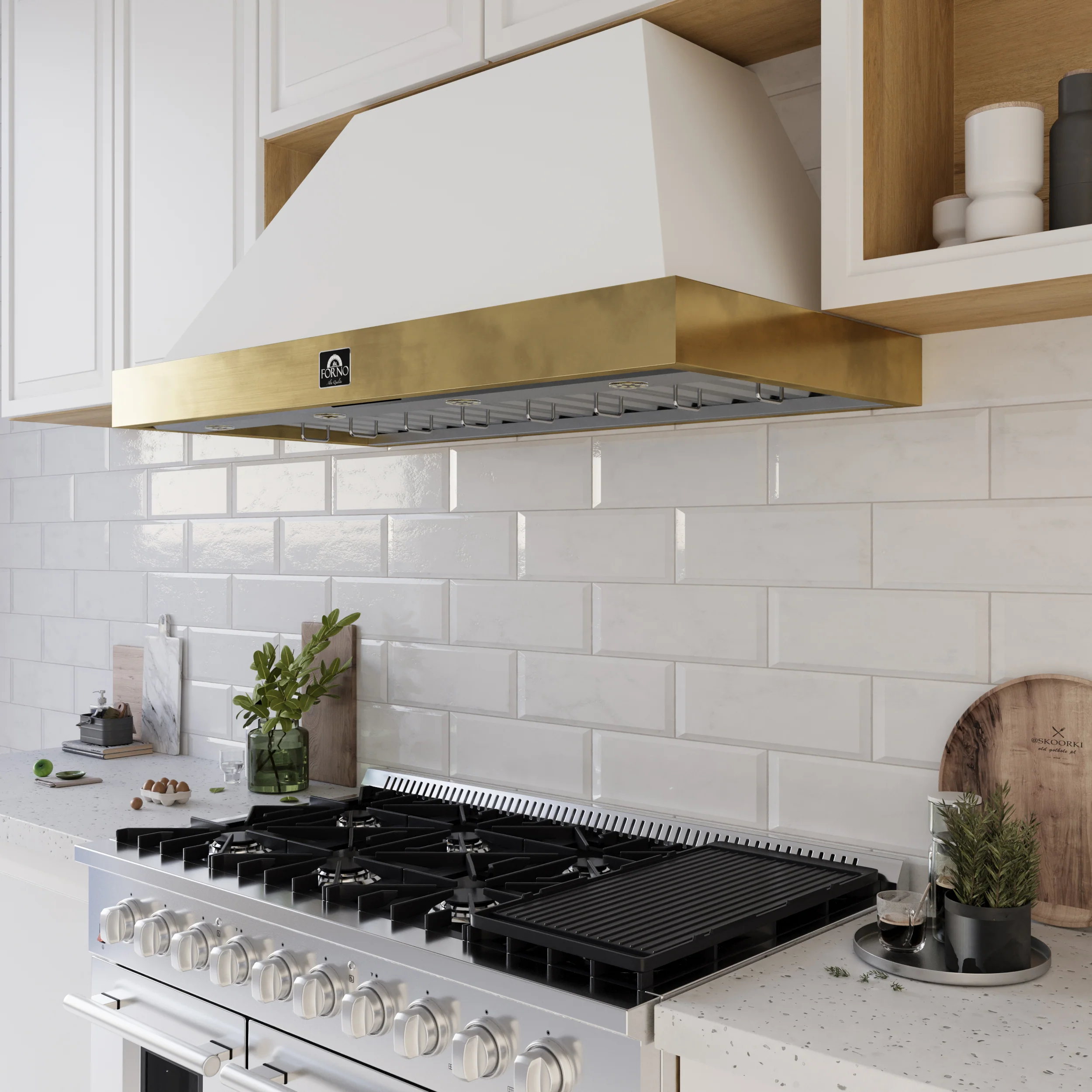 Forno Vittorio 48-Inch Wall Mount Range Hood, White with Antique Brass Trim, 600 CFM Airflow, Dishwasher-Safe Baffle Filters, Remote Control, 3-Speed Fan, Bright LED Lighting - Image 12