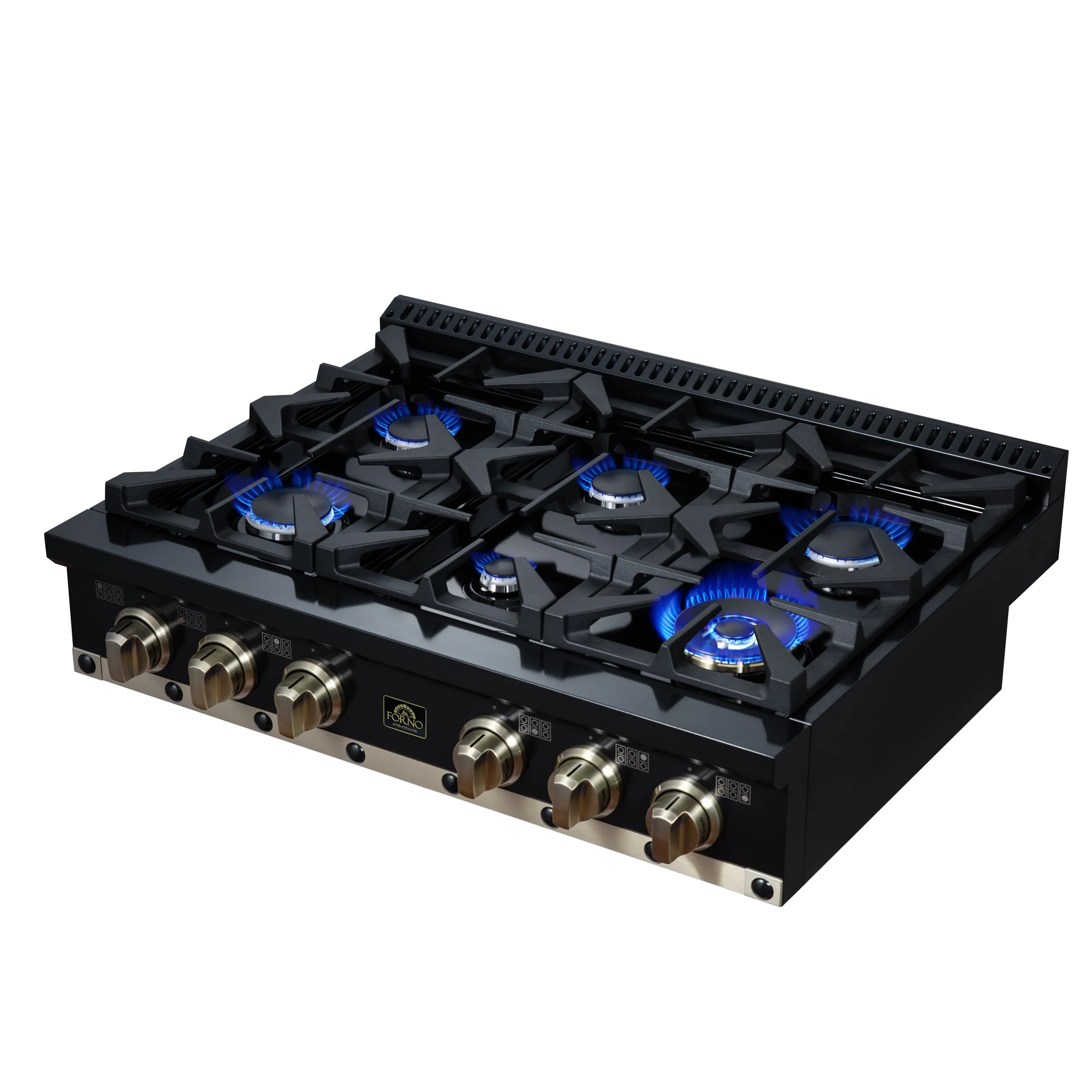 Valente 36" Gas Cooktop in Black, 6 Sealed burners, 71,000 BUT Output, 1 Antique Brass Dual-Ring Burner, Continuous Cast Iron Grates - Image 10