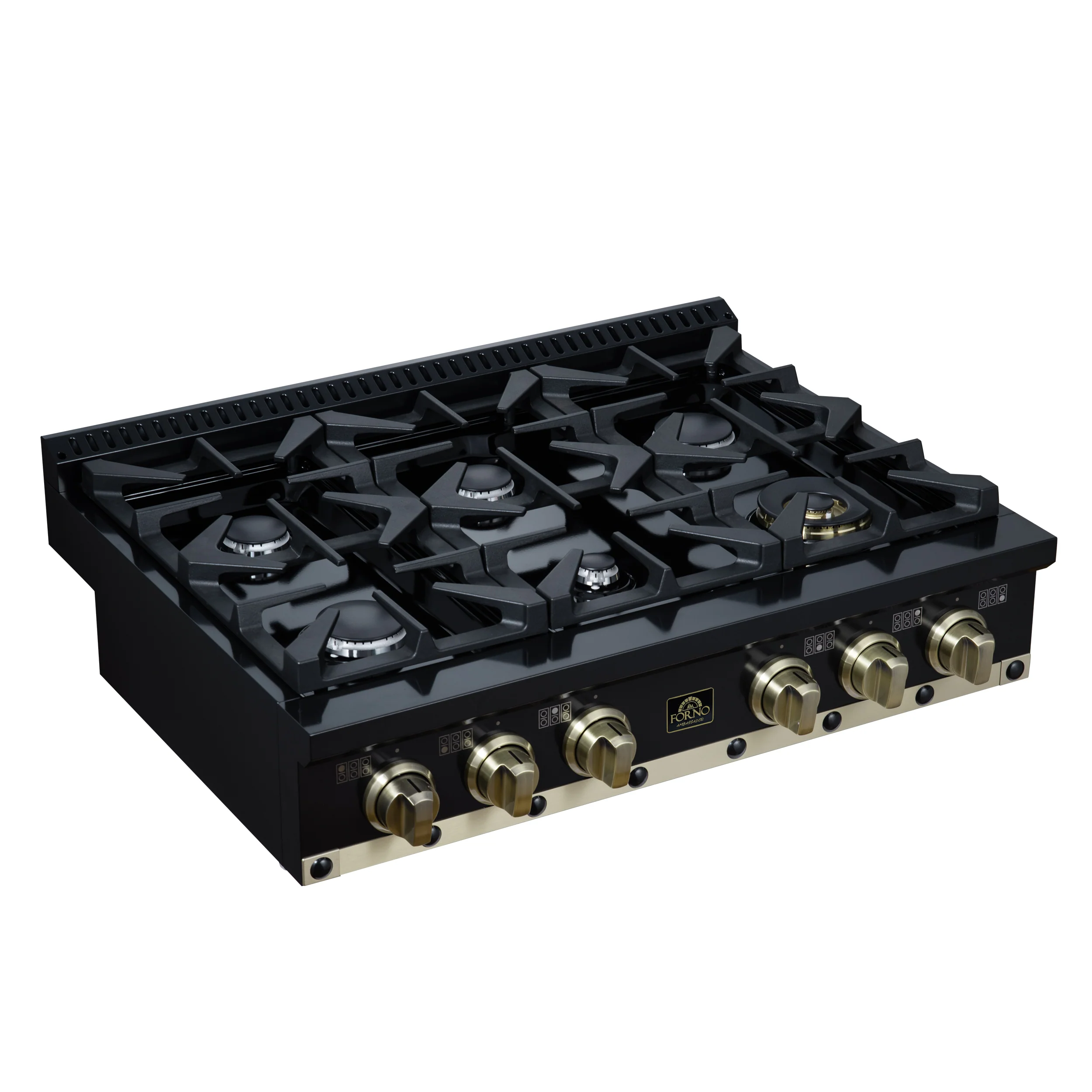 Valente 36" Gas Cooktop in Black, 6 Sealed burners, 71,000 BUT Output, 1 Antique Brass Dual-Ring Burner, Continuous Cast Iron Grates - Image 11