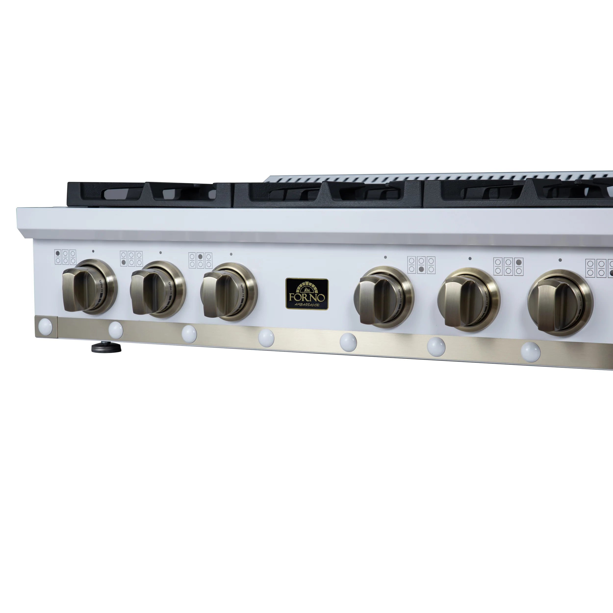 Valente 36" Gas Cooktop in White, 6 Sealed burners, 71,000 BUT Output, 1 Antique Brass Dual-Ring Burner, Continuous Cast Iron Grates - Image 10