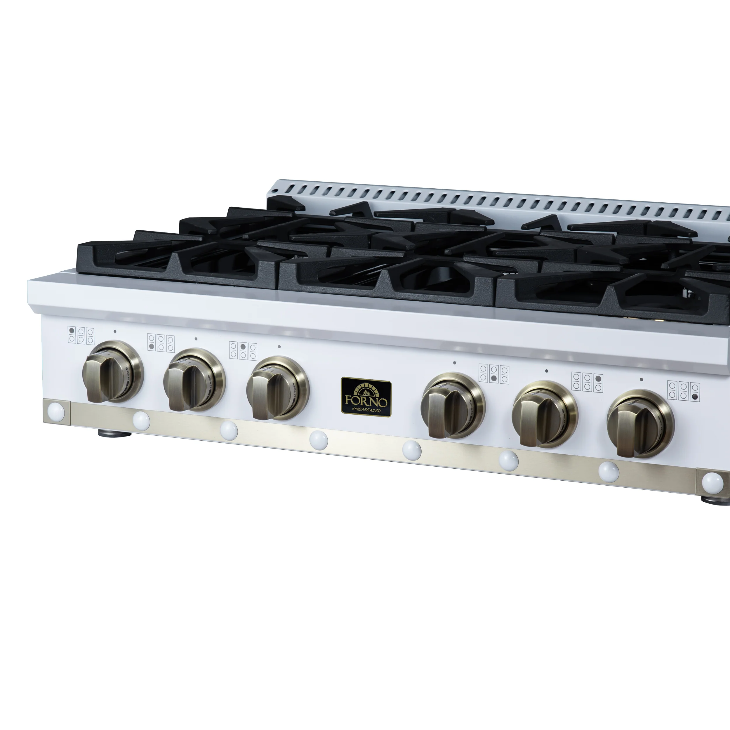 Valente 36" Gas Cooktop in White, 6 Sealed burners, 71,000 BUT Output, 1 Antique Brass Dual-Ring Burner, Continuous Cast Iron Grates - Image 11