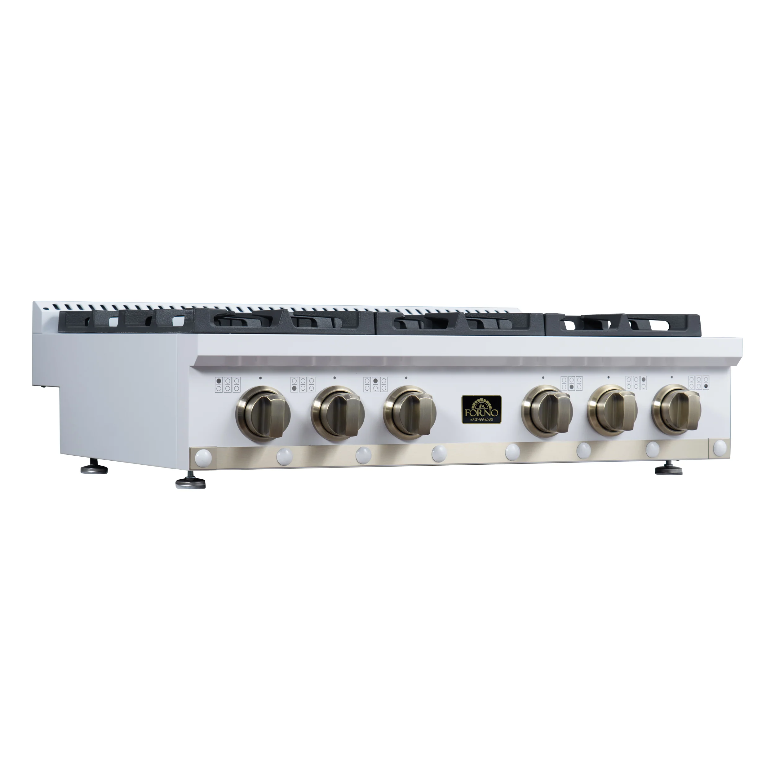 Valente 36" Gas Cooktop in White, 6 Sealed burners, 71,000 BUT Output, 1 Antique Brass Dual-Ring Burner, Continuous Cast Iron Grates - Image 3