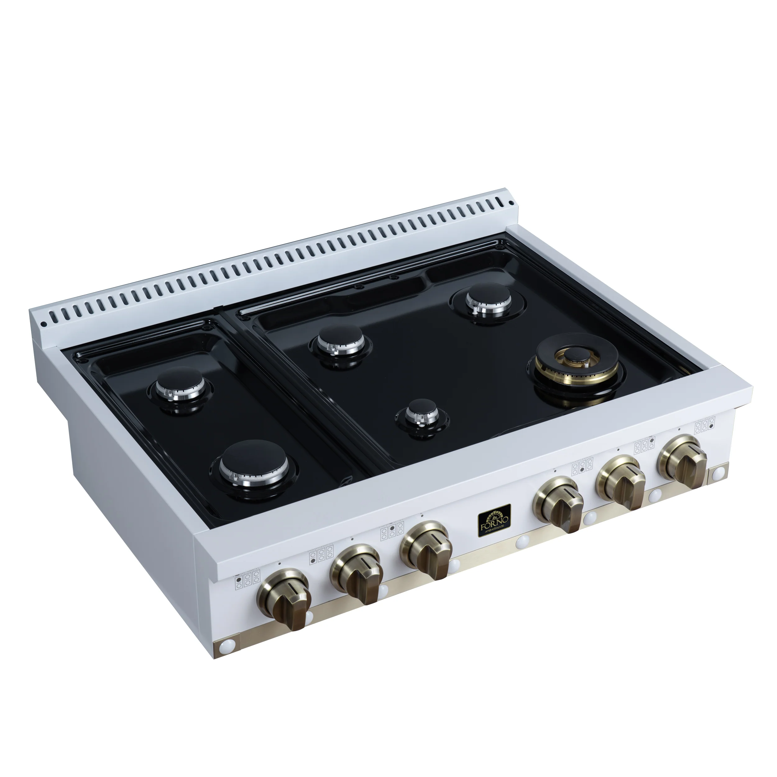Valente 36" Gas Cooktop in White, 6 Sealed burners, 71,000 BUT Output, 1 Antique Brass Dual-Ring Burner, Continuous Cast Iron Grates - Image 5