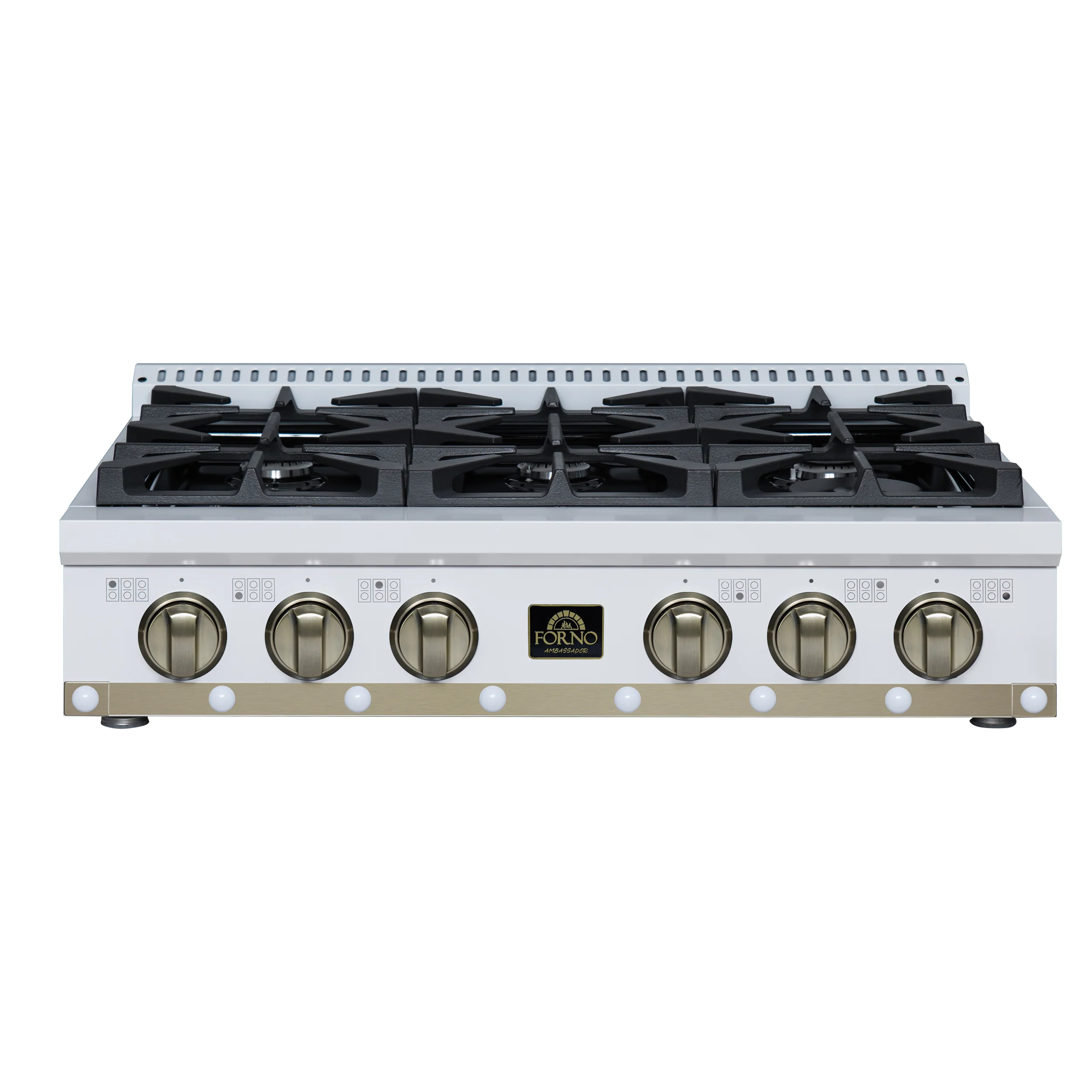 Valente 36" Gas Cooktop in White, 6 Sealed burners, 71,000 BUT Output, 1 Antique Brass Dual-Ring Burner, Continuous Cast Iron Grates - Image 7
