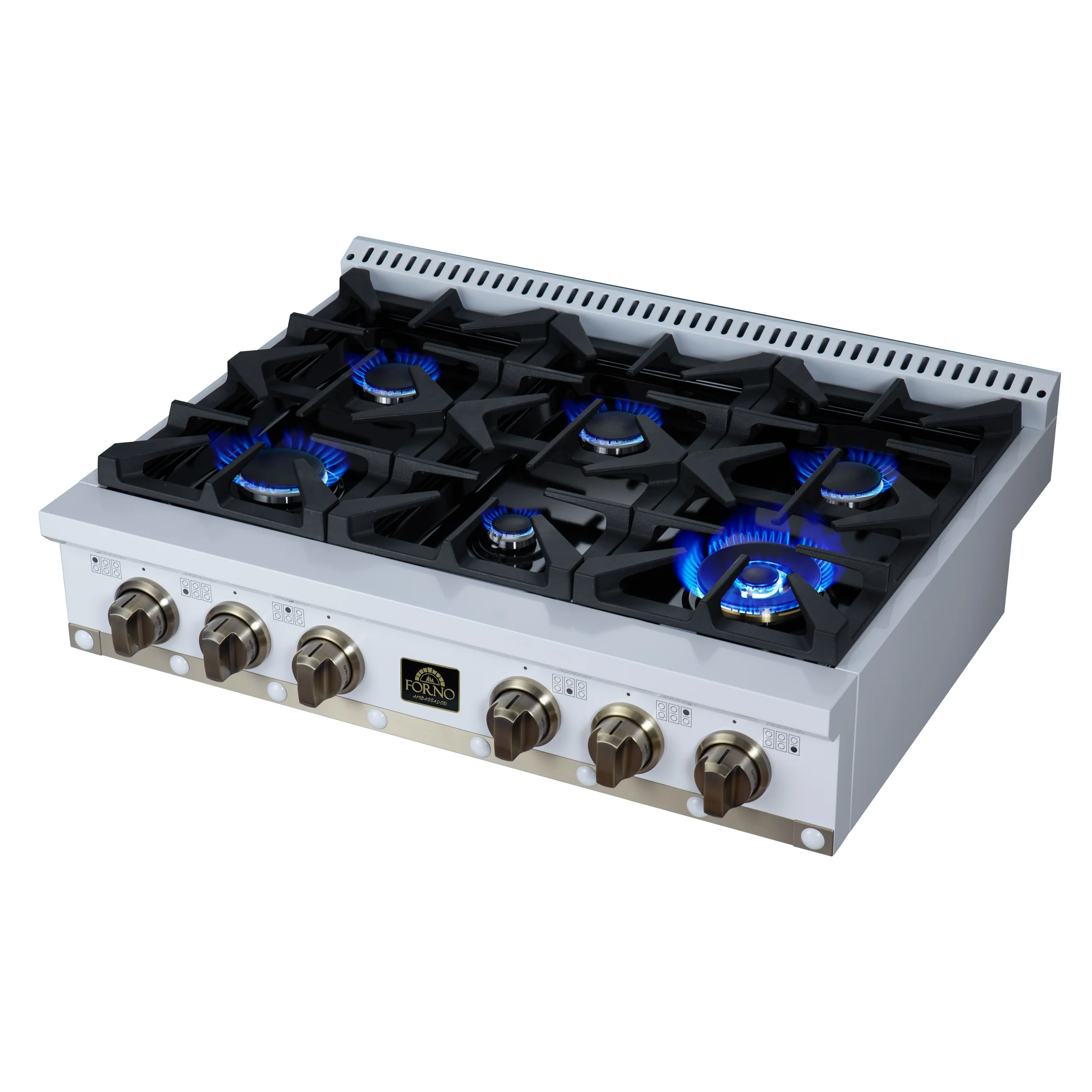 Valente 36" Gas Cooktop in White, 6 Sealed burners, 71,000 BUT Output, 1 Antique Brass Dual-Ring Burner, Continuous Cast Iron Grates - Image 9