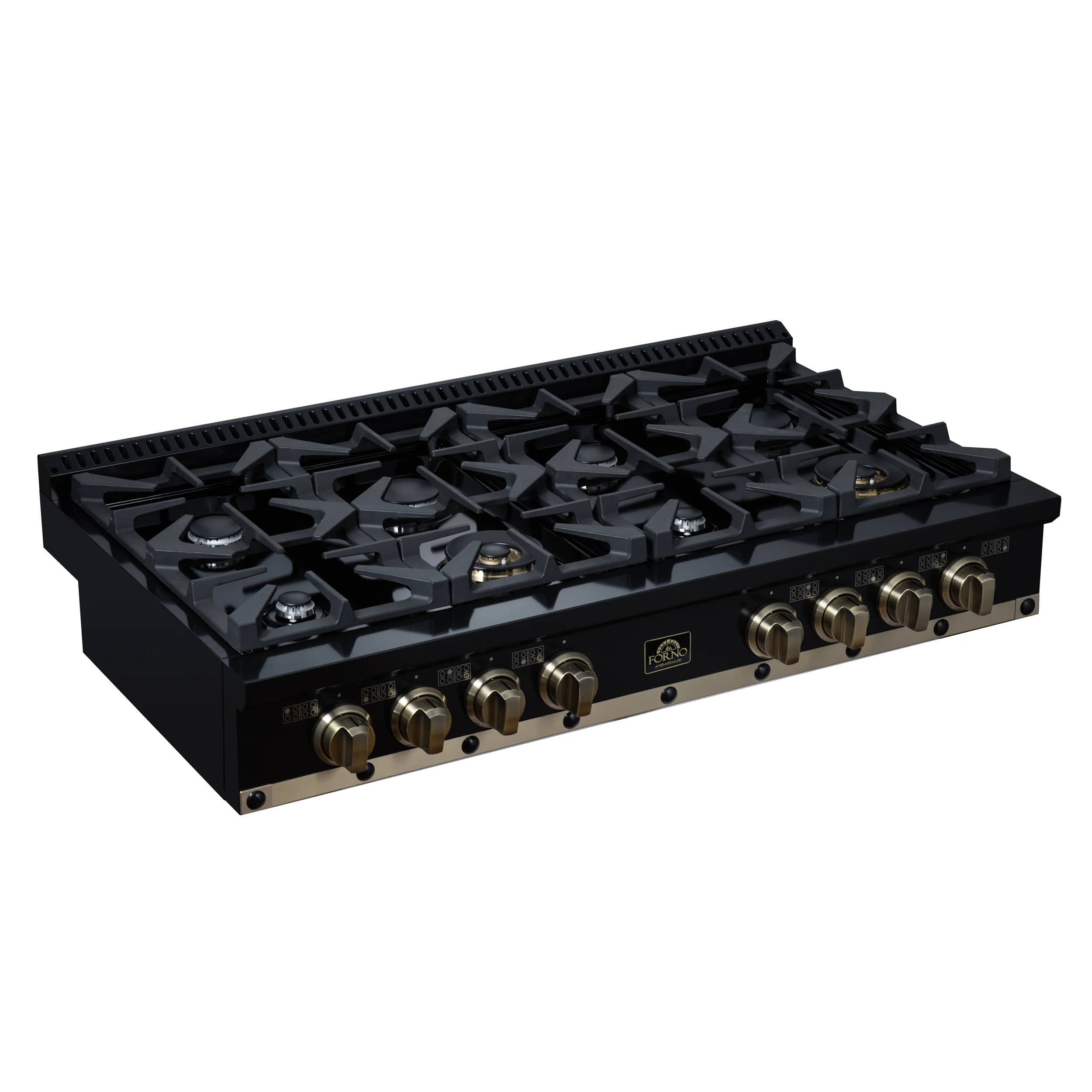 Valente 48" Gas Cooktop in Black, 8 Sealed burners, 94,000 BUT Output, 2 Antique Brass Dual-Ring Burners, Continuous Cast Iron Grates - Image 10