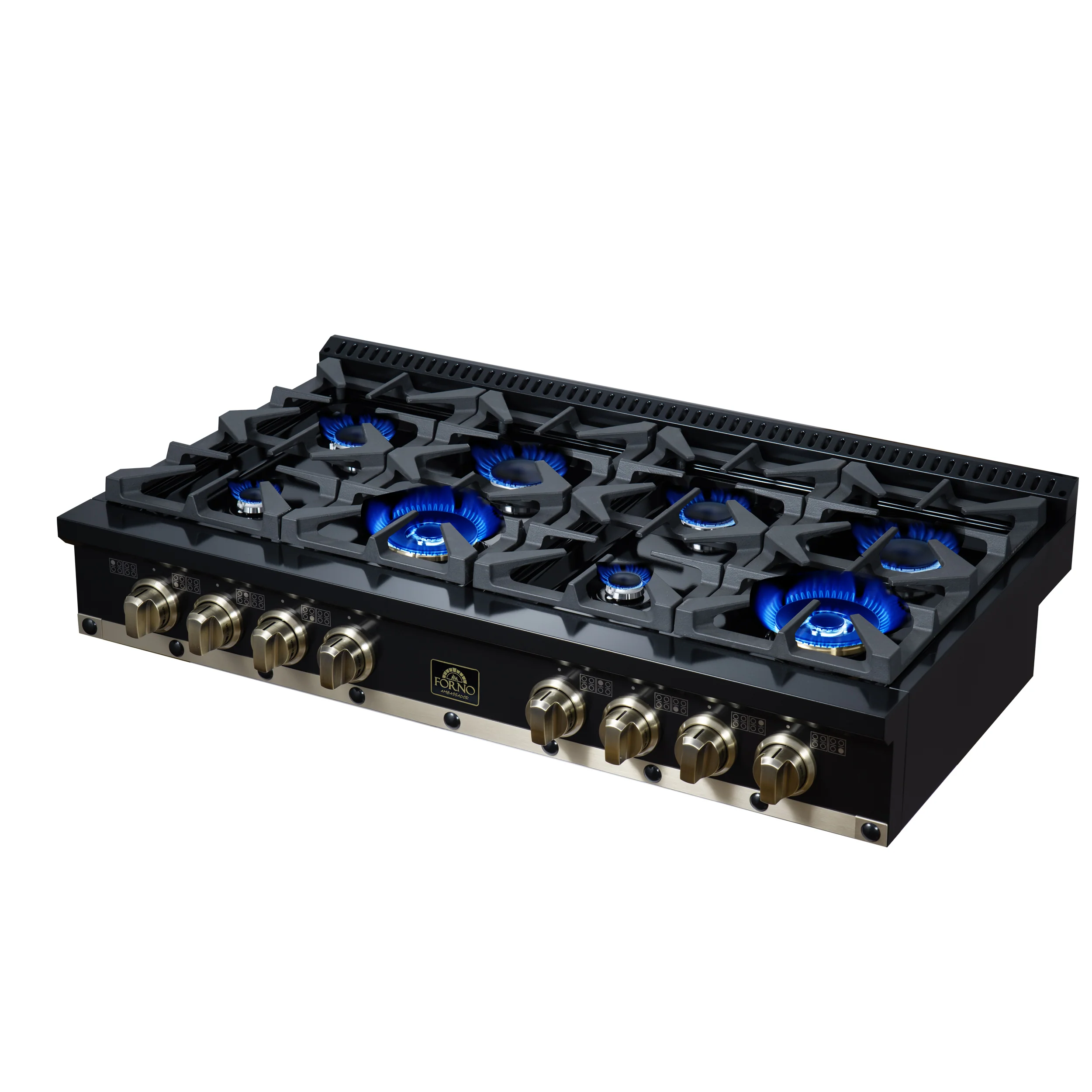 Valente 48" Gas Cooktop in Black, 8 Sealed burners, 94,000 BUT Output, 2 Antique Brass Dual-Ring Burners, Continuous Cast Iron Grates - Image 11